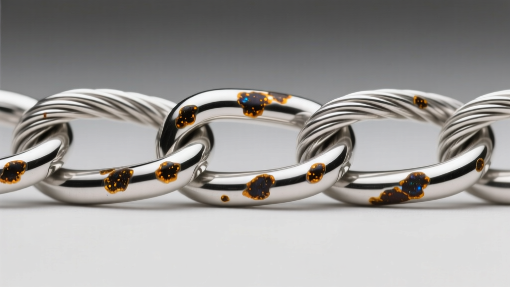 Macro shot of a sterling silver cable chain showing dark sulfur tarnish spots caused by off-gassing from synthetic box adhesives