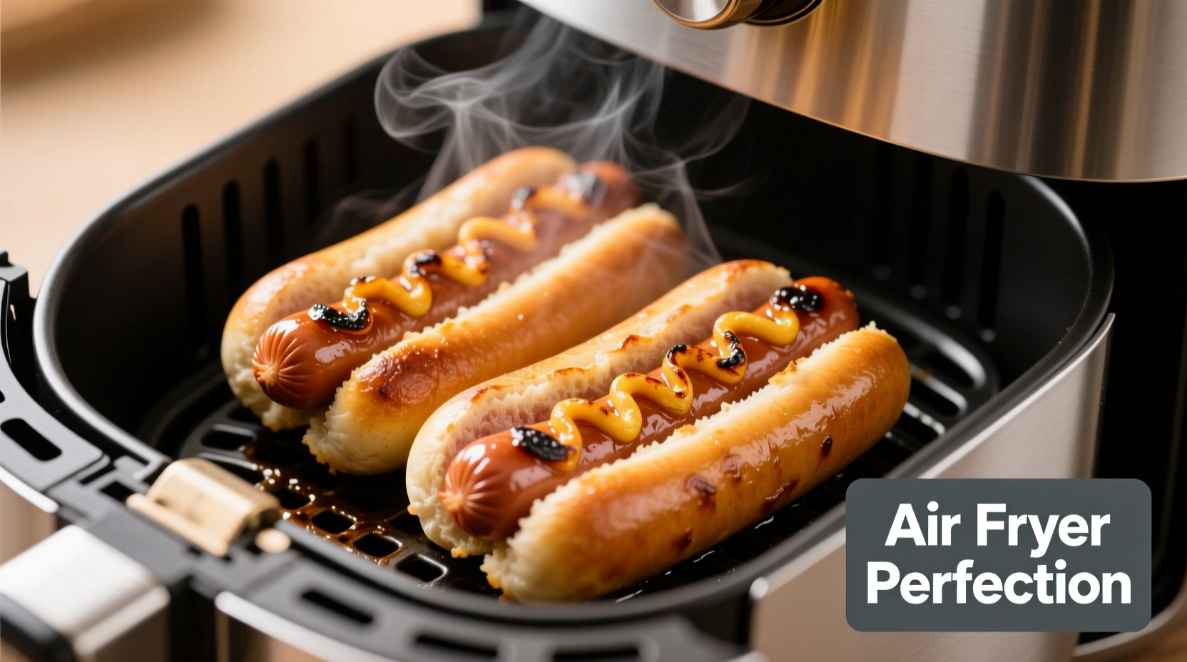 Crispy golden hot dogs in air fryer basket