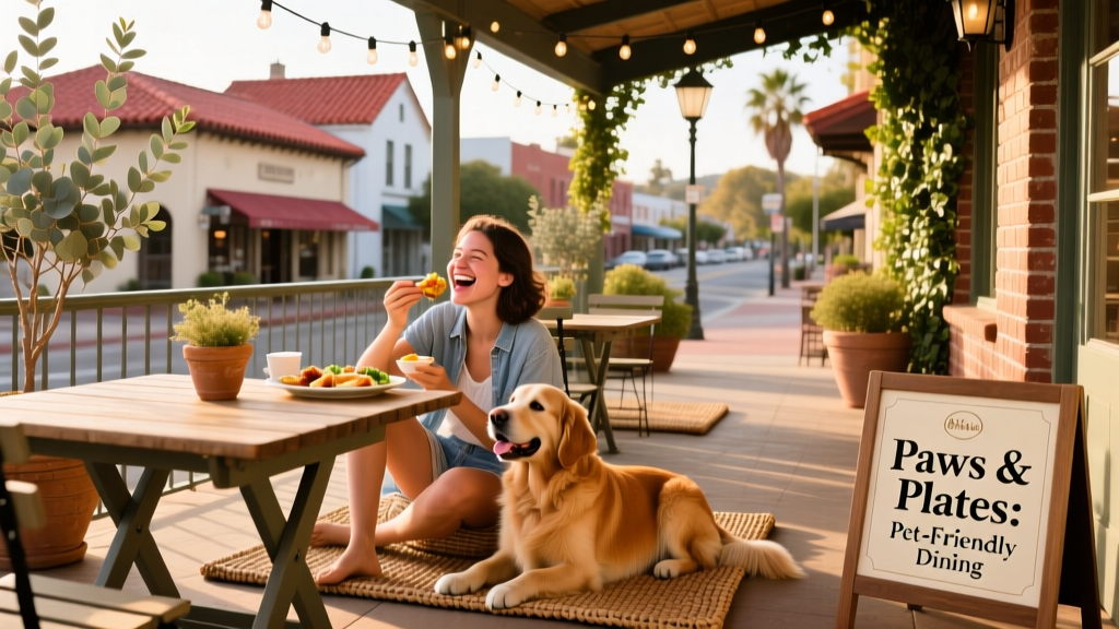 A person enjoying an outdoor meal with their dog at a charming patio restaurant in downtown San Luis Obispo