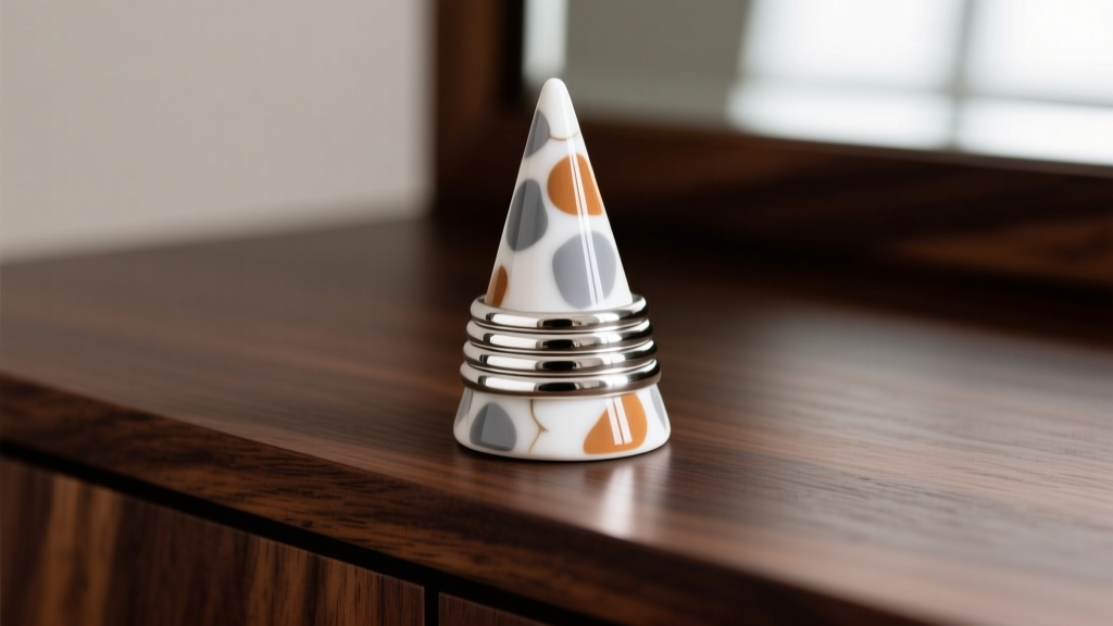 Vibrant polymer clay ring cone with a terrazzo pattern displaying stacked silver bands on a dark wooden vanity surface