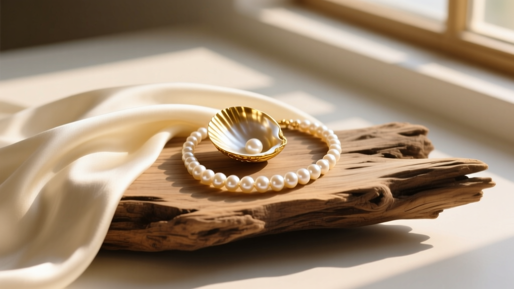 Elegant flat lay of a gold pearl clam necklace resting on raw driftwood and cream silk, bathed in warm morning sunlight.
