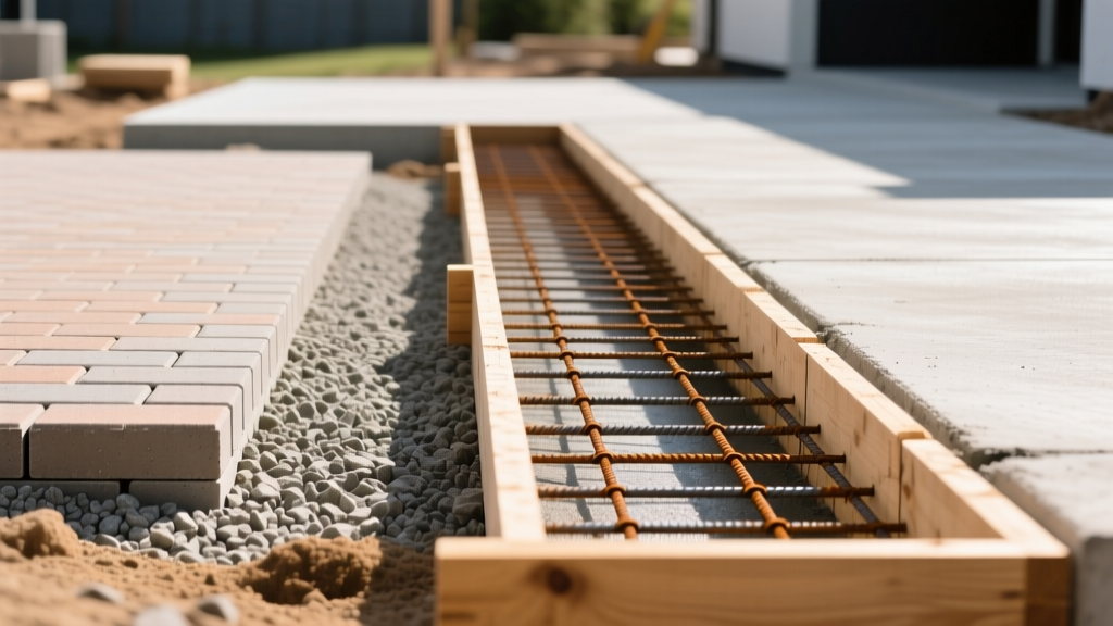 Compacted gravel base for interlocking brick pavers on left, wooden formwork with steel rebar grid for poured concrete driveway on right