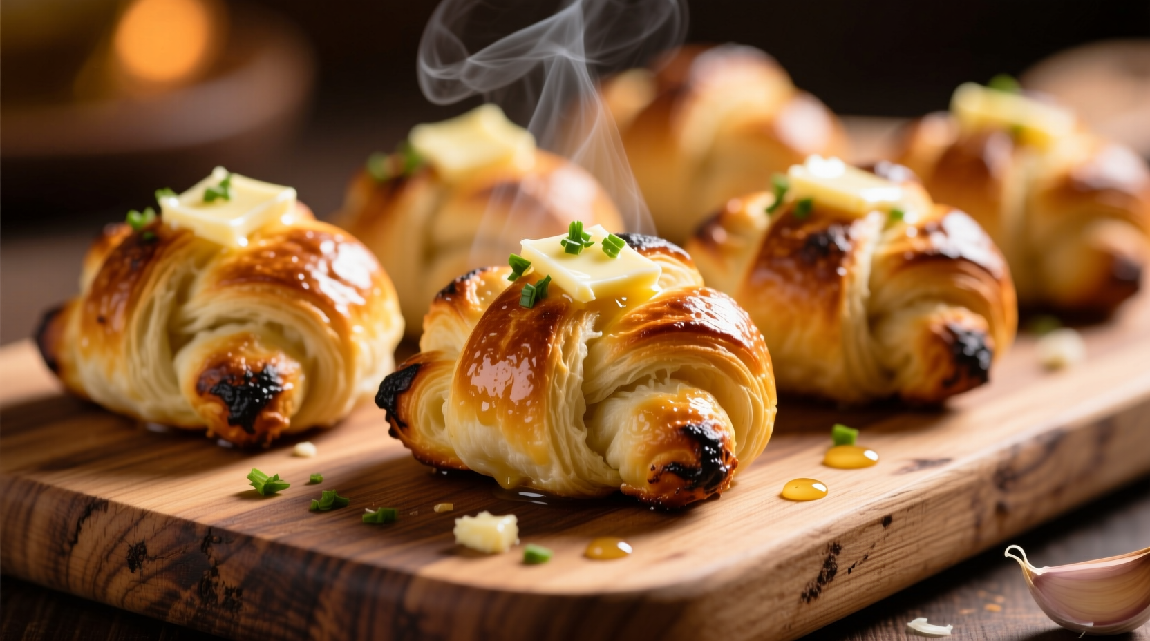 Freshly baked golden garlic knots on wooden board
