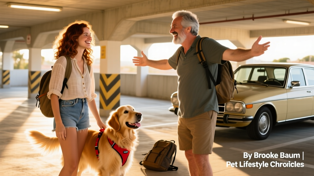 Brooke and Buddy meeting Richard at the parking garage, wearing backpacks and smiling in the Spanish sun