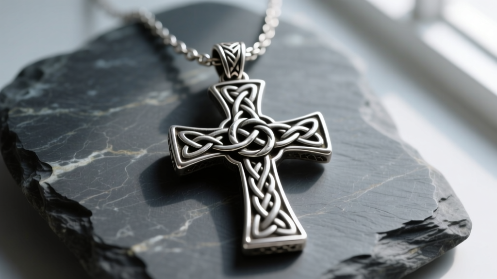 Macro shot of an oxidized sterling silver Rankins cross necklace with deep Celtic knotwork resting on dark slate stone.