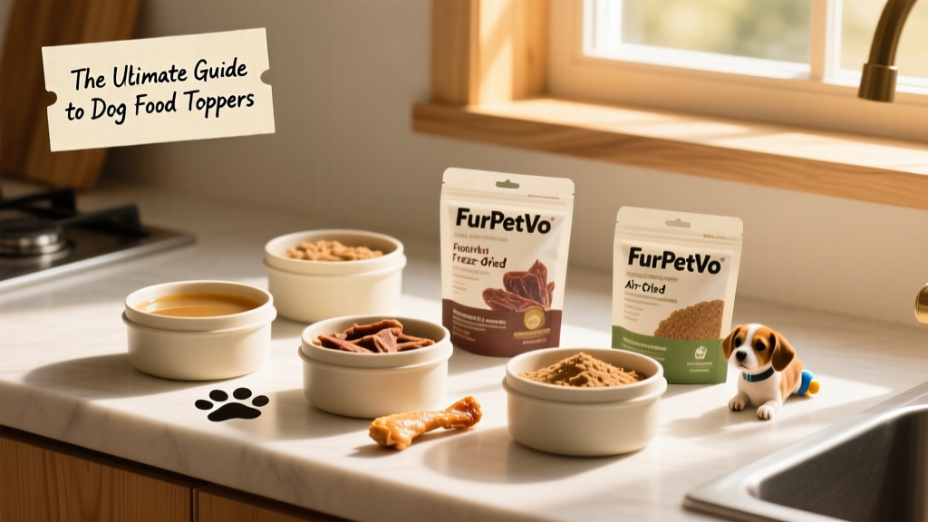 A variety of FurPetVo toppers arranged neatly on a kitchen counter: broth, freeze-dried, air-dried, and powder formats
