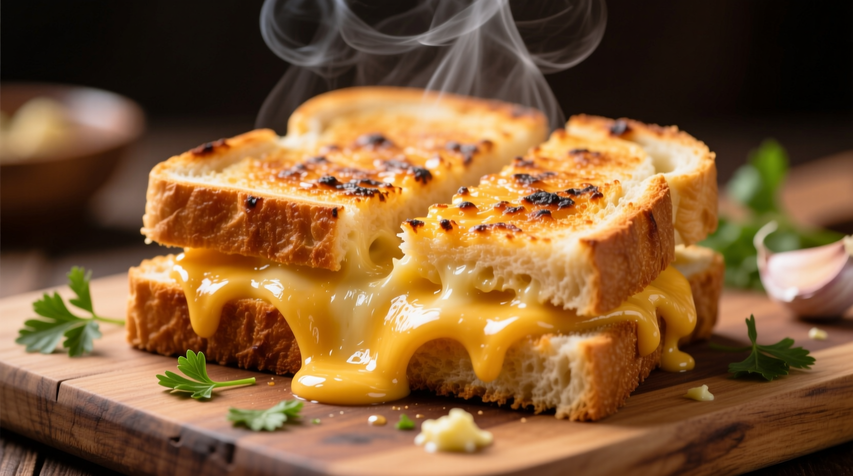 Golden garlic bread sandwich with melted cheese