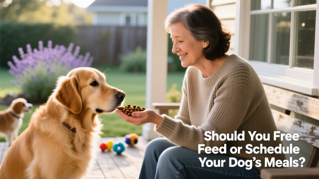 A person gently offering kibble from their palm to a relaxed, attentive dog