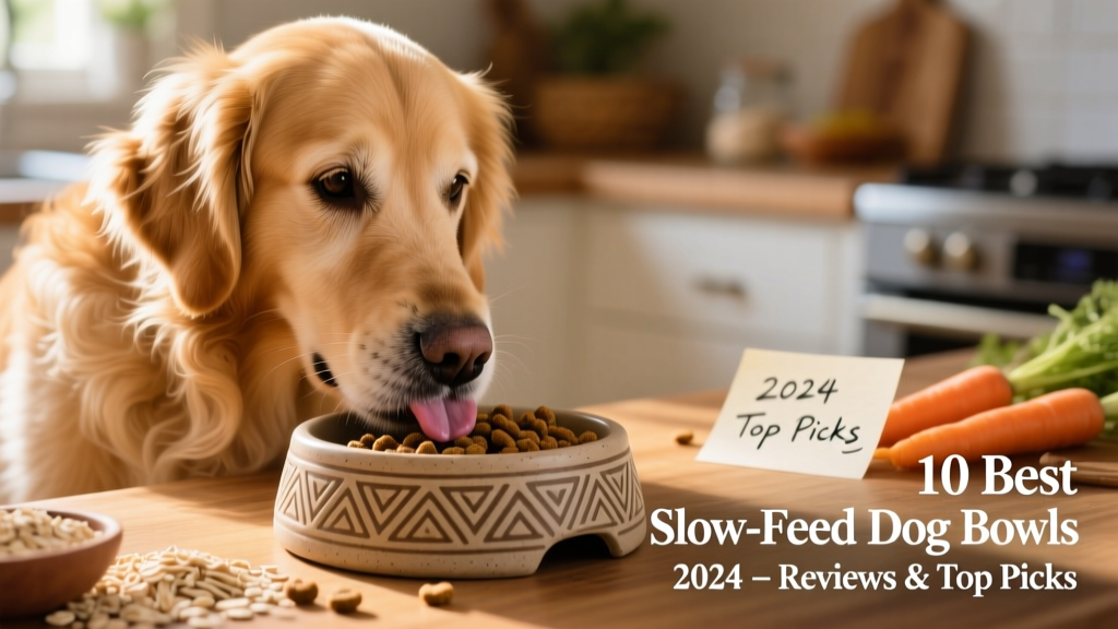 Close-up of a dog gently licking food from a textured slow-feed bowl
