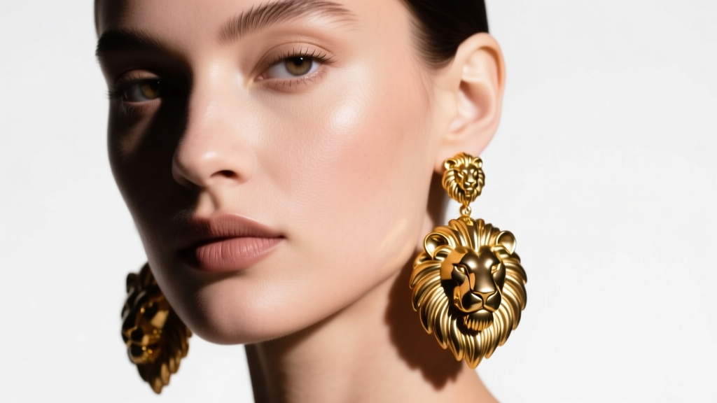 Close-up of a model wearing oversized gold-tone brass lion drop earrings, dramatic studio lighting highlighting metallic texture.
