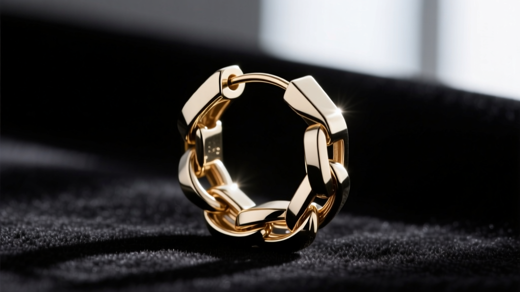 Close-up of a 4mm wide Cuban link earring showing the inner 14-gauge wire core and polished outer facets on dark velvet.