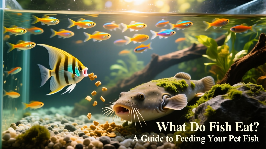 Aquarium view showing diverse fish species—tetras, a pleco, and an angelfish—feeding at different levels: surface, mid-water, and substrate