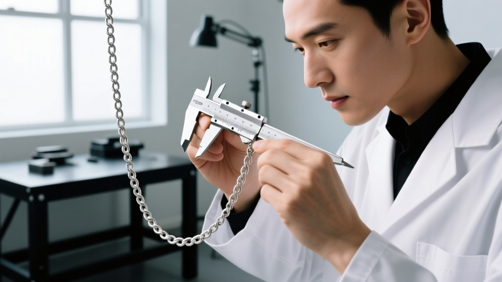 Jeweler using calipers to measure a 1.2mm sterling silver cable chain link, checking tensile limits under bright studio light