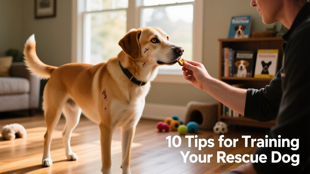 A calm, confident rescue dog receiving a treat during positive reinforcement training