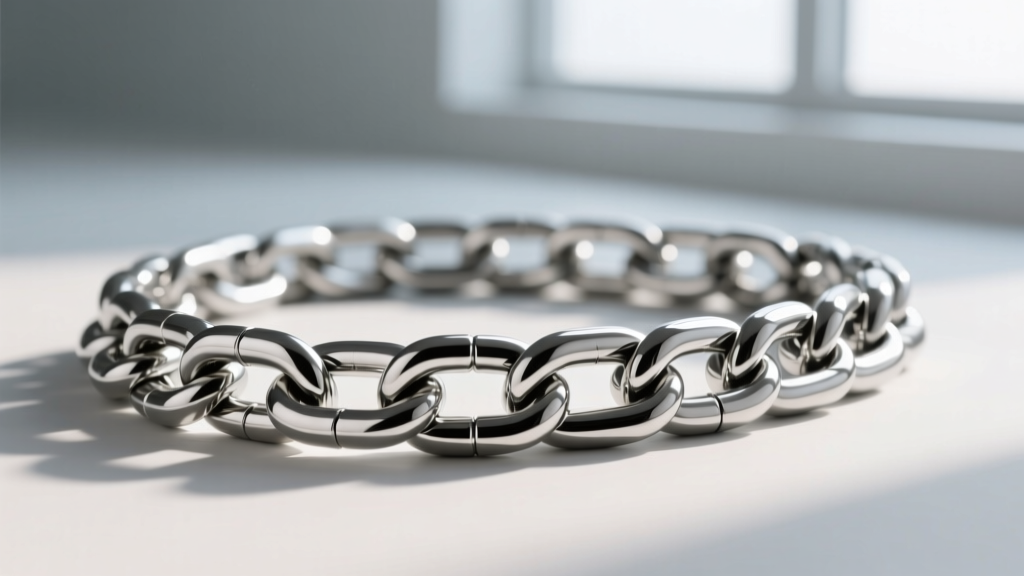 Side profile of a thick 316L stainless steel Cuban link chain, showcasing the high-polish finish and rigid interlocking links