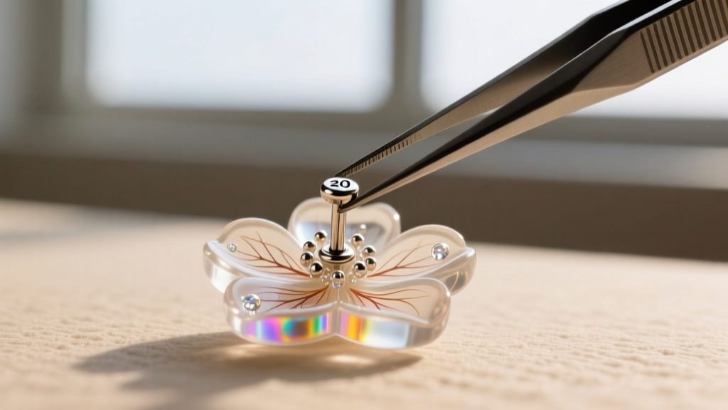 Fine-point tweezers carefully placing a 20-gauge titanium earring post onto a fully cured, clear resin floral cabochon.