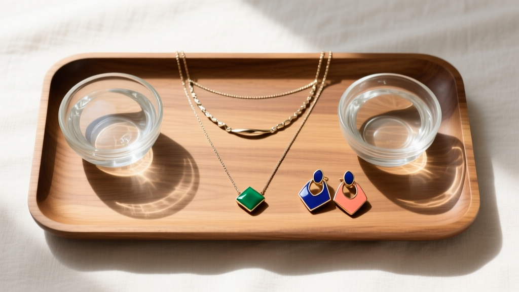 Overhead view of a wooden tray displaying vermeil necklaces, enamel hoops, and glass bowls of distilled water and mild dish soap.