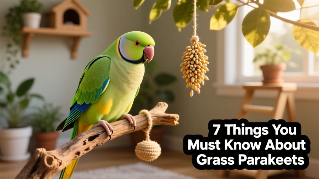A grass parakeet perched on a natural branch toy with spray millet hanging nearby