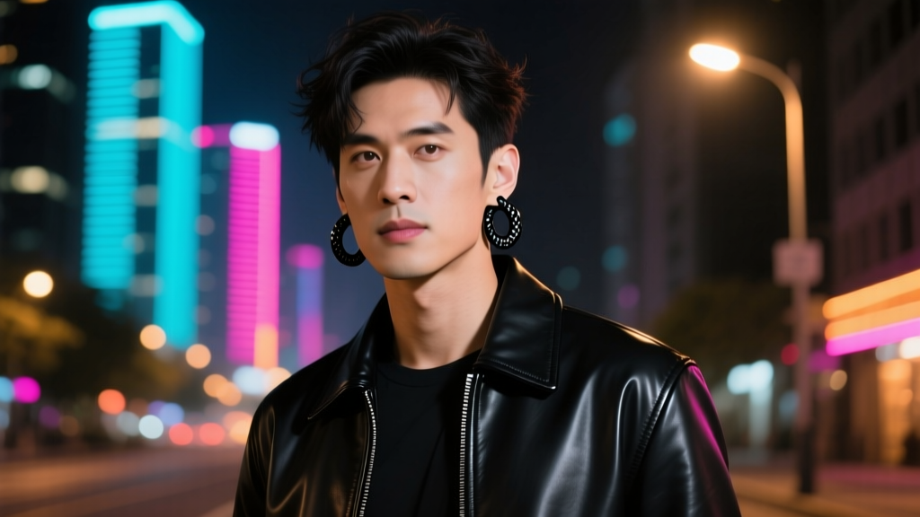 Man in a leather jacket wearing layered 10mm and 14mm black carbon hoop earrings, standing against a blurred urban night setting
