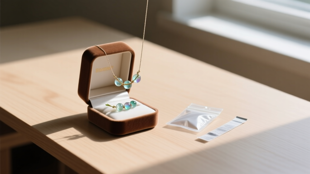 Small velvet box holding a vervain resin necklace, next to a silica gel packet and an anti-tarnish strip on a clean wooden desk