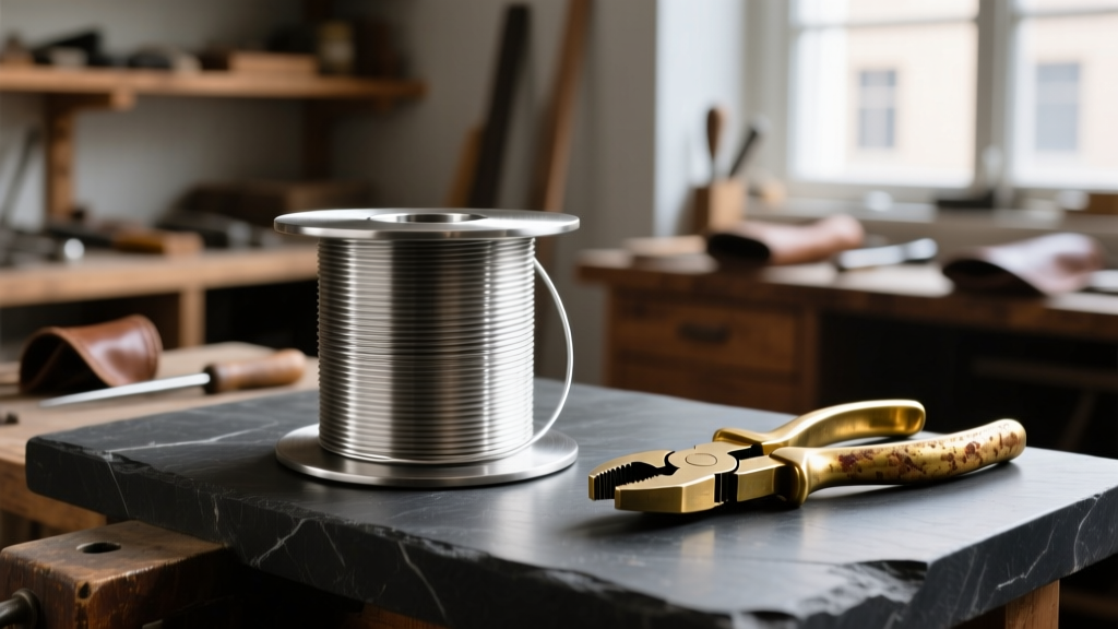 Shiny 24-gauge 316L stainless steel wire spool on a dark slate jeweler bench beside a pair of heavy-duty brass flush cutters.