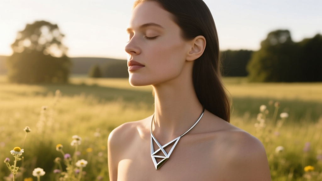 Woman wearing a minimalist steel breathing necklace outdoors, eyes closed, with soft natural sunlight illuminating the pendant.