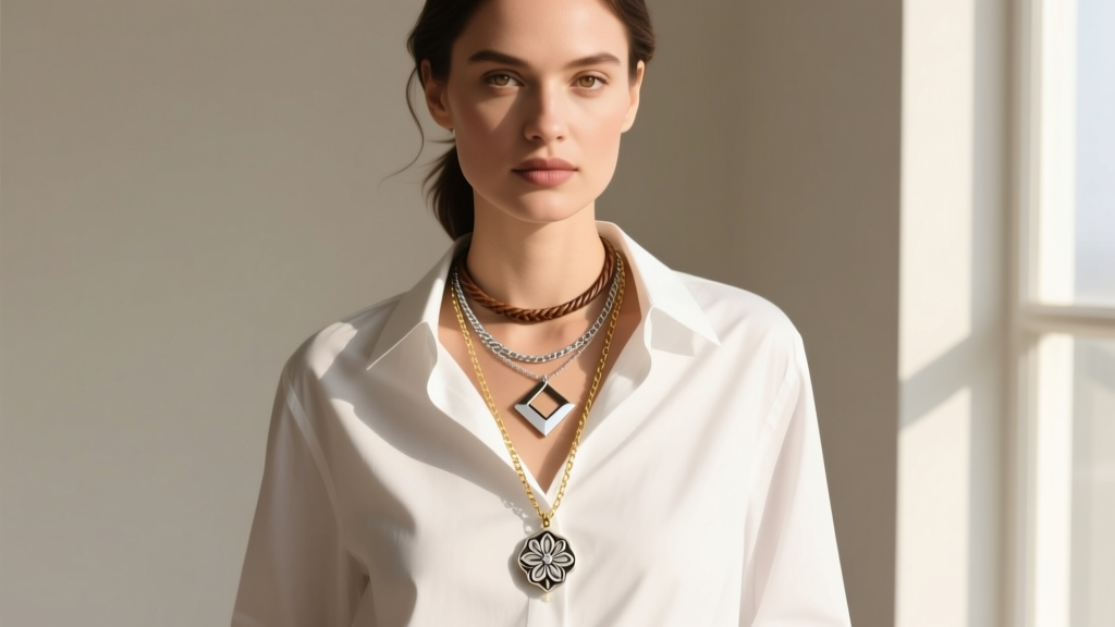 Woman wearing three layered necklaces of varying lengths with a central reversible pendant over a crisp white button-down shirt.