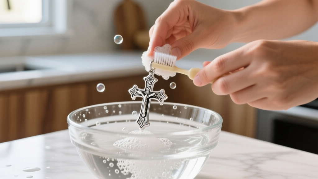 Hands gently scrubbing a sterling silver cross pendant with a soft baby toothbrush and soapy water in a clear glass bowl.