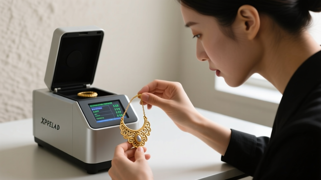 Jeweler using an XRF analyzer on a gold-filled vintage pendant necklace to measure the exact micron thickness of the gold cladding