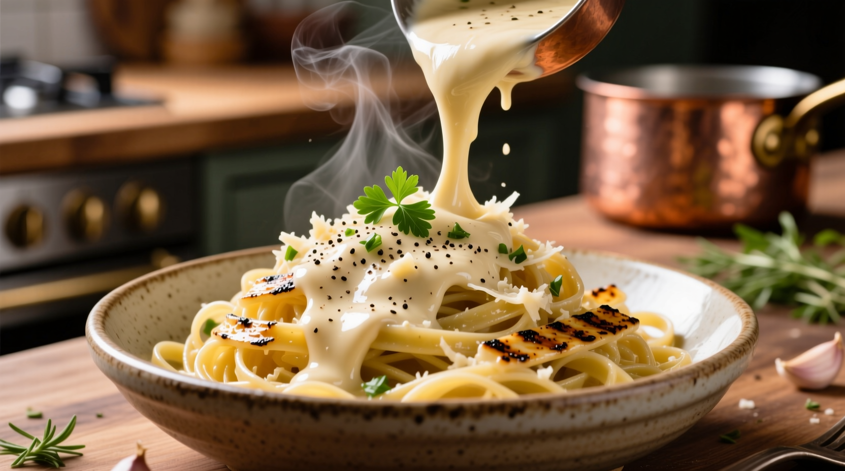rich garlic parmesan sauce with creamy texture
