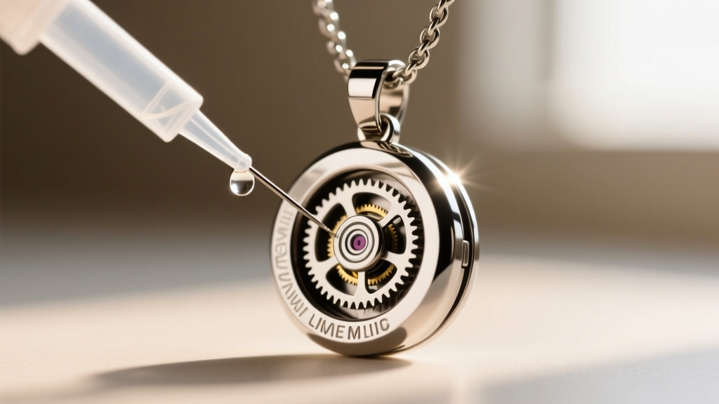 Macro shot of a stainless steel sensory fidget necklace pendant with spinning gears, showing a needle applying PTFE lubricant.