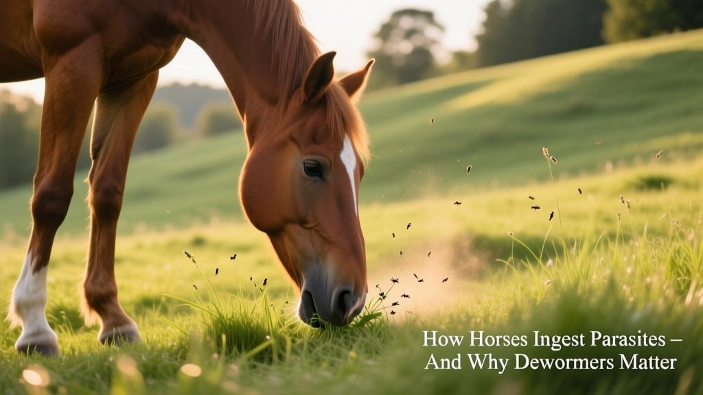 Horse grazing peacefully in a lush green pasture, illustrating how parasites are commonly ingested during grazing