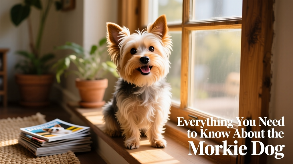 A cheerful, shaggy Morkie sitting on a sunlit windowsill, ears perked and eyes bright