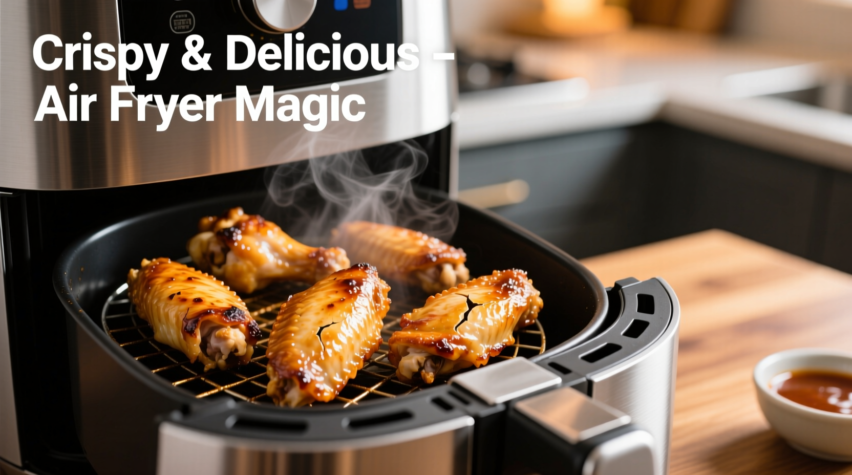 Air fryer with golden brown chicken wings