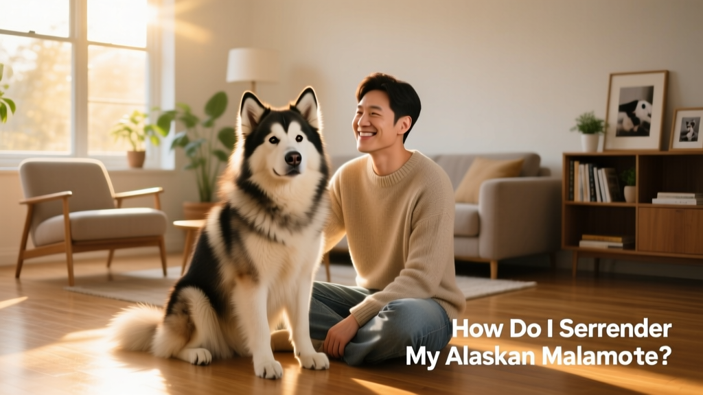 A calm, well-groomed Alaskan Malamute sitting beside a smiling adult in a sunlit living room