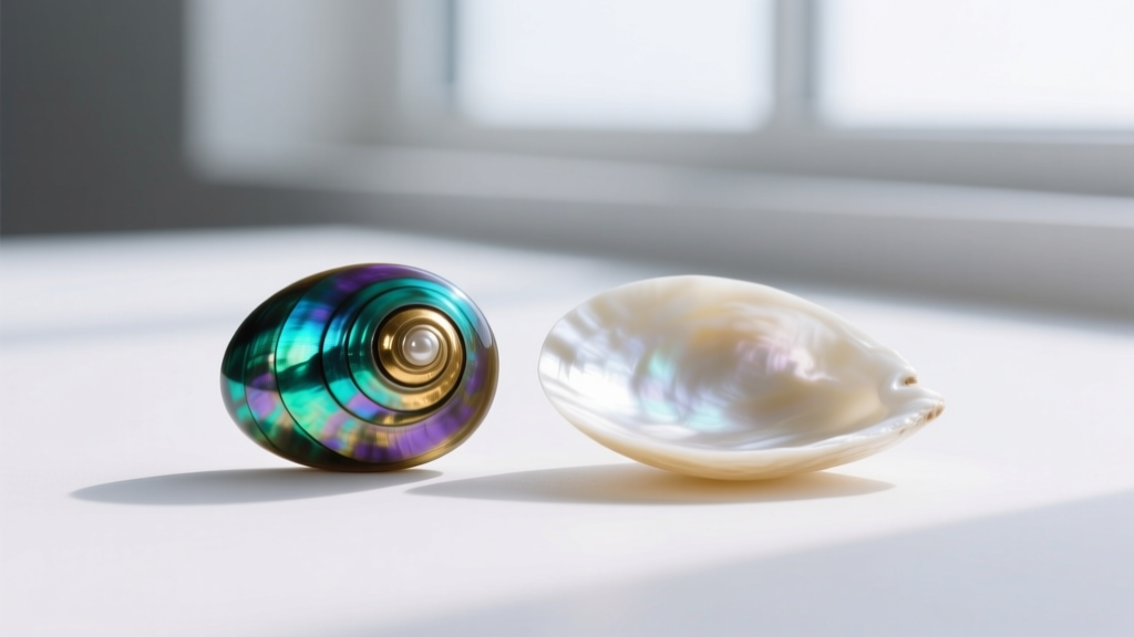 Macro comparison of a vibrant New Zealand Paua shell cabochon next to pale white mother of pearl, highlighting color differences.