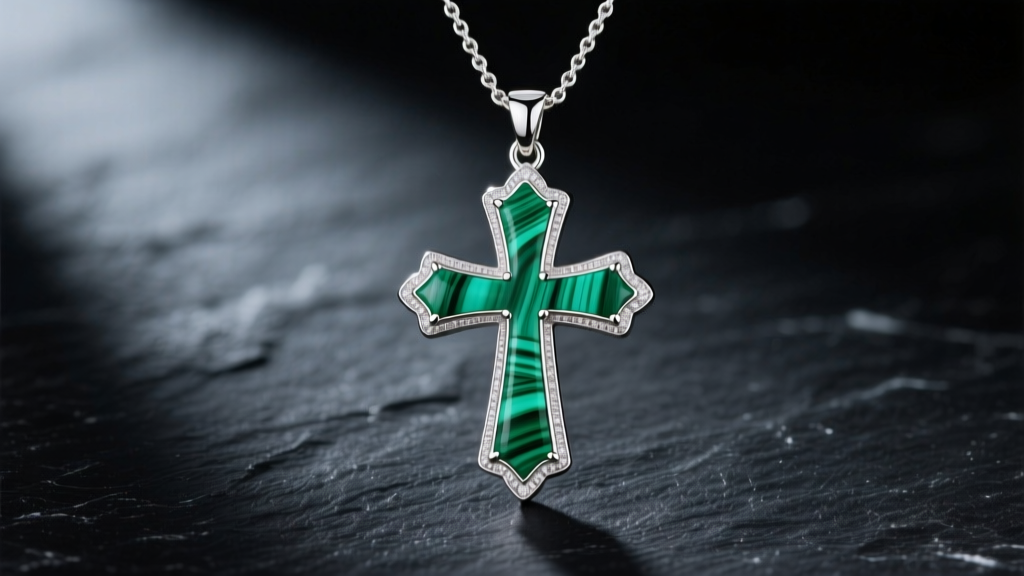 Sterling silver green cross necklace with malachite inlay on dark slate, illuminated by soft directional studio lighting.