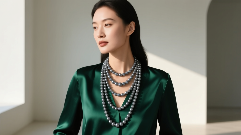Woman wearing a layered smoked pearl necklace over a dark emerald silk blouse, showcasing charcoal grey pearls against the fabric.