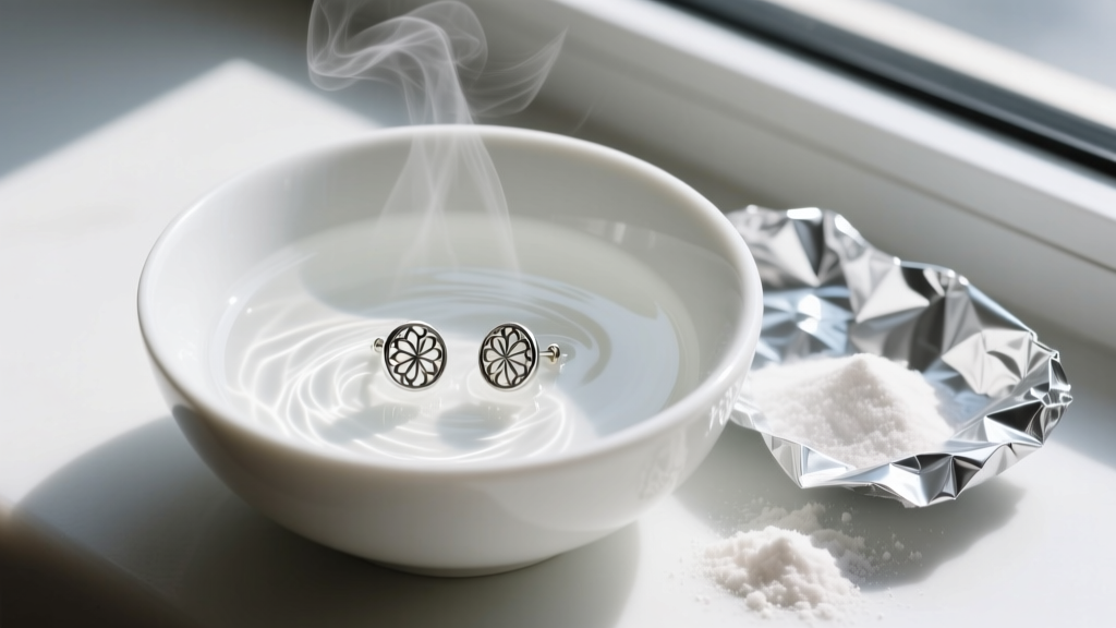 Overhead view of a bowl with baking soda and aluminum foil, showing tarnished 925 silver stud earrings submerged in hot water