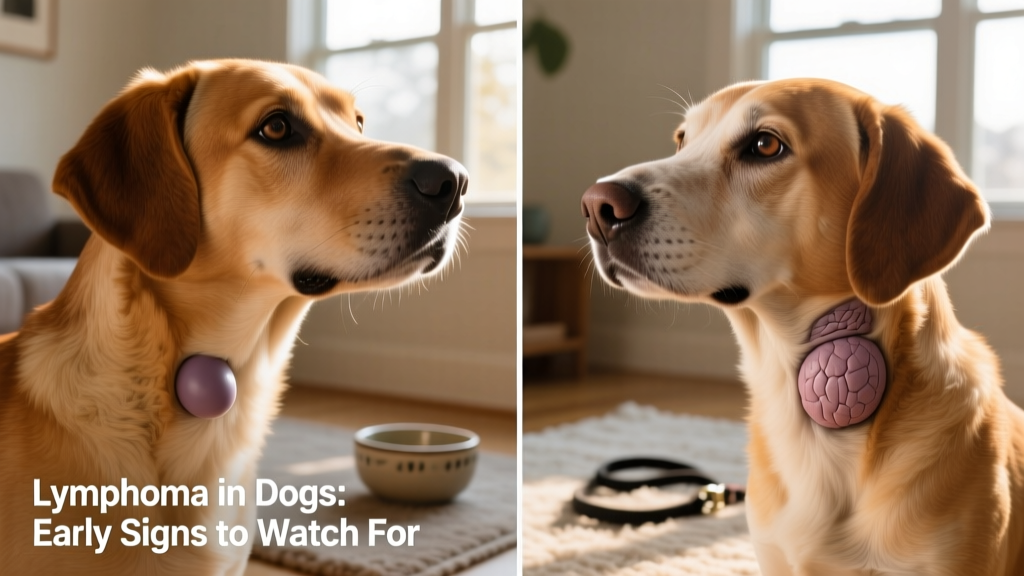 Side-by-side comparison: normal-sized lymph node vs. visibly enlarged lymph node in a dog's neck region