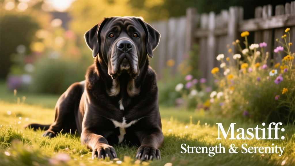 A calm, majestic adult mastiff sitting confidently on grass, showcasing its powerful build and gentle expression
