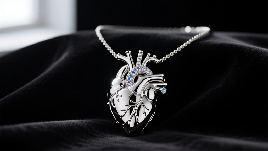 A silver-toned anatomical heart necklace with dark rhodium plating and small glass crystal accents displayed on black velvet.