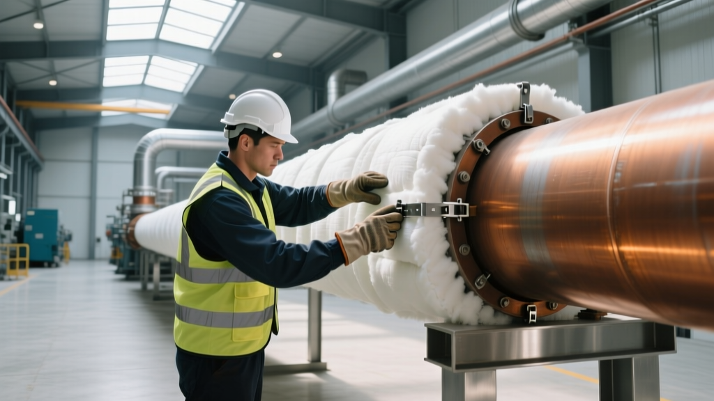Industrial worker installing rigid calcium silicate steam pipe insulation on high-temperature steel piping in a mechanical room