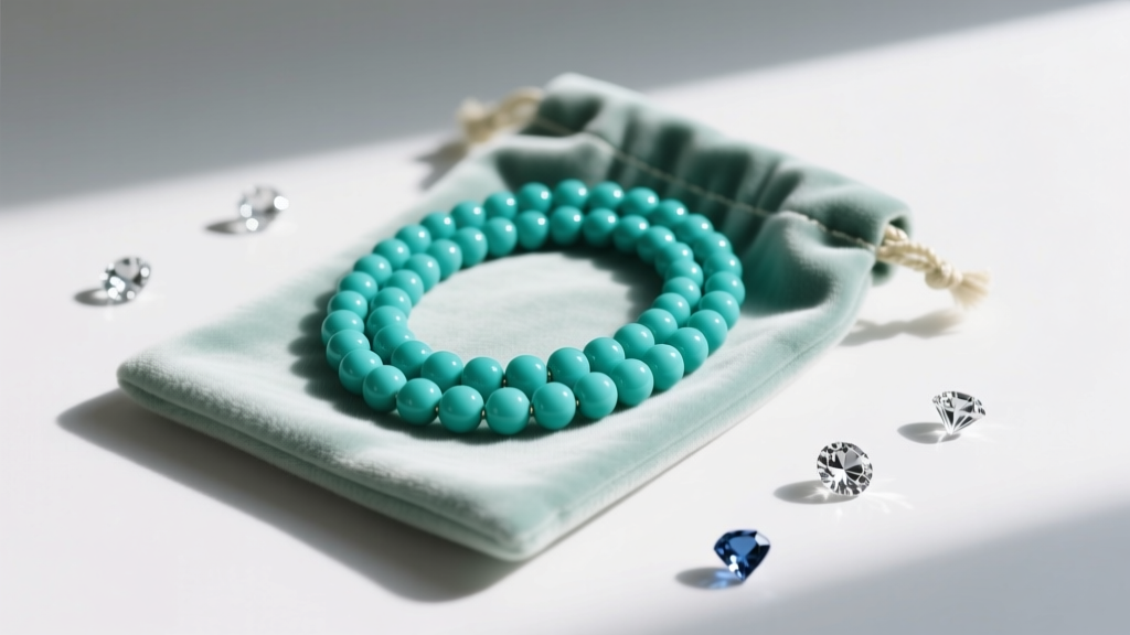 Long chunky turquoise necklace coiled inside an anti-tarnish pouch, stored safely away from harder diamond and sapphire gemstones