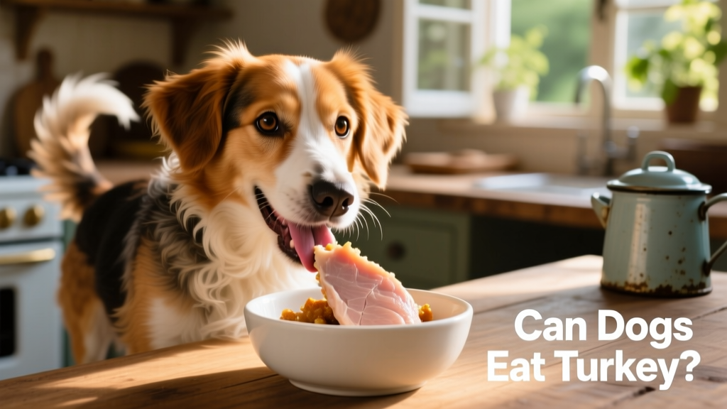 A dog happily eating a small piece of plain, cooked turkey breast from a bowl