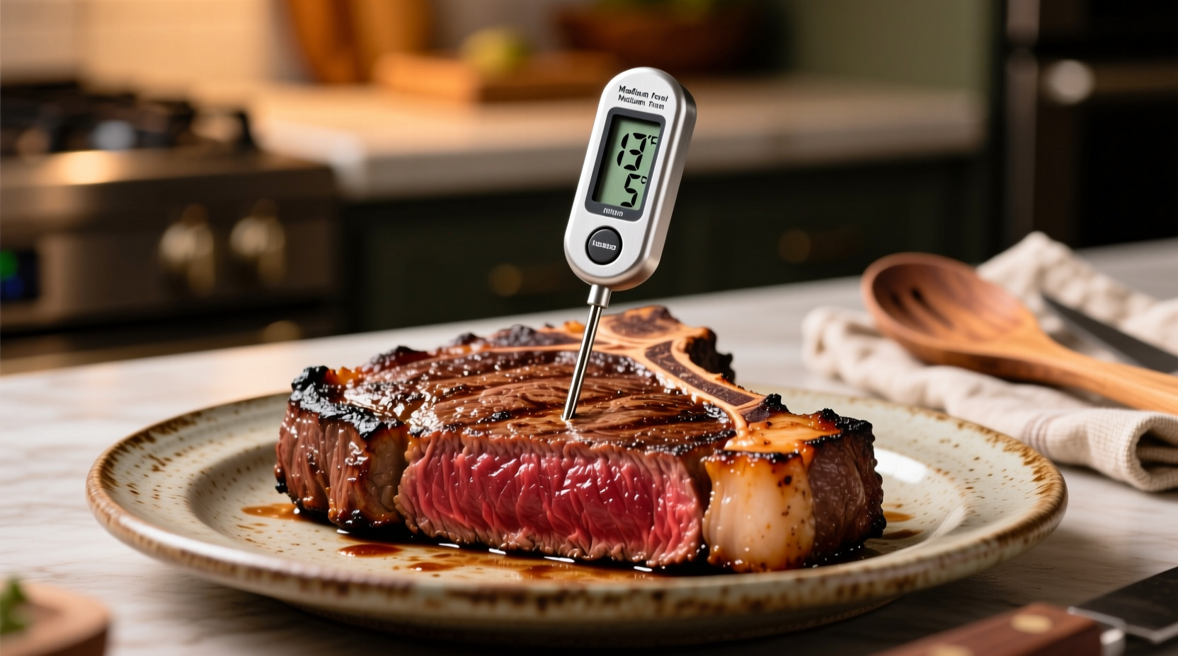 Cooked steak on plate with food thermometer showing safe temperature