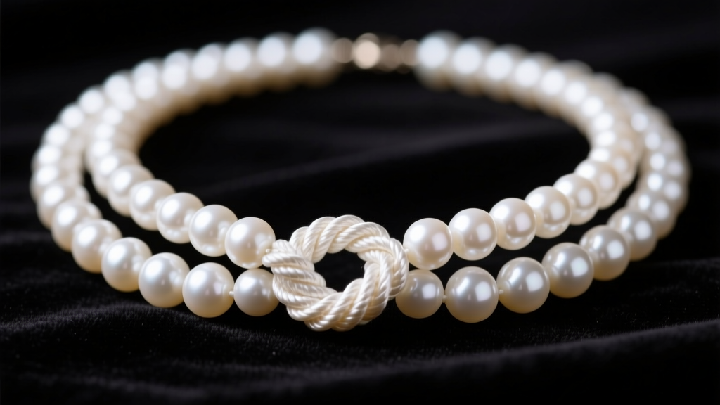 Tangled double-strand pearl necklace on dark velvet, showing tight friction knots between two strands of round white Akoya pearls.