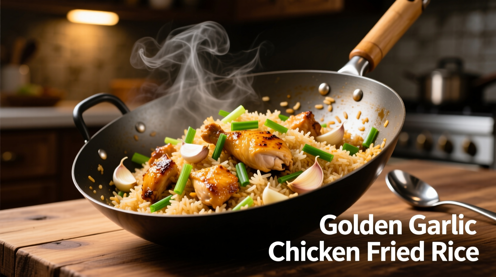 Golden garlic chicken fried rice in wok