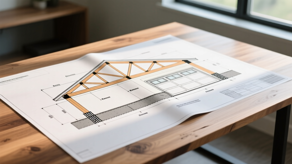 Blueprints for a 24x24 attached garage showing monolithic slab foundation details and standard gable roof truss layouts on a wooden desk