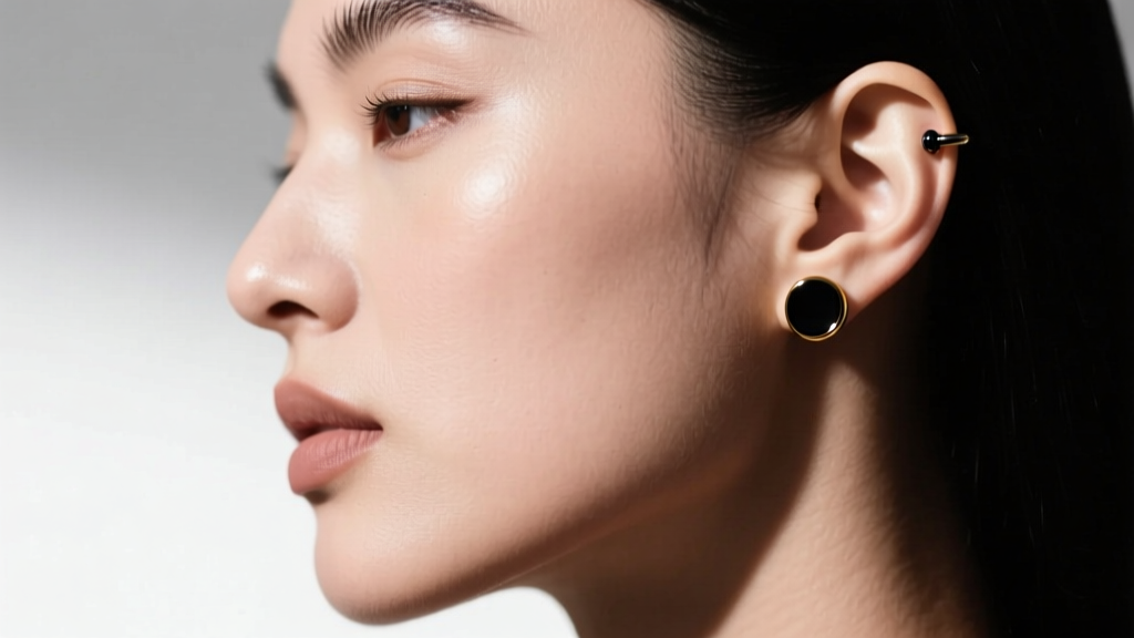 Side profile of a model wearing a 16-gauge threadless black gold flat-back labret in a helix piercing, showcasing dark hardware.